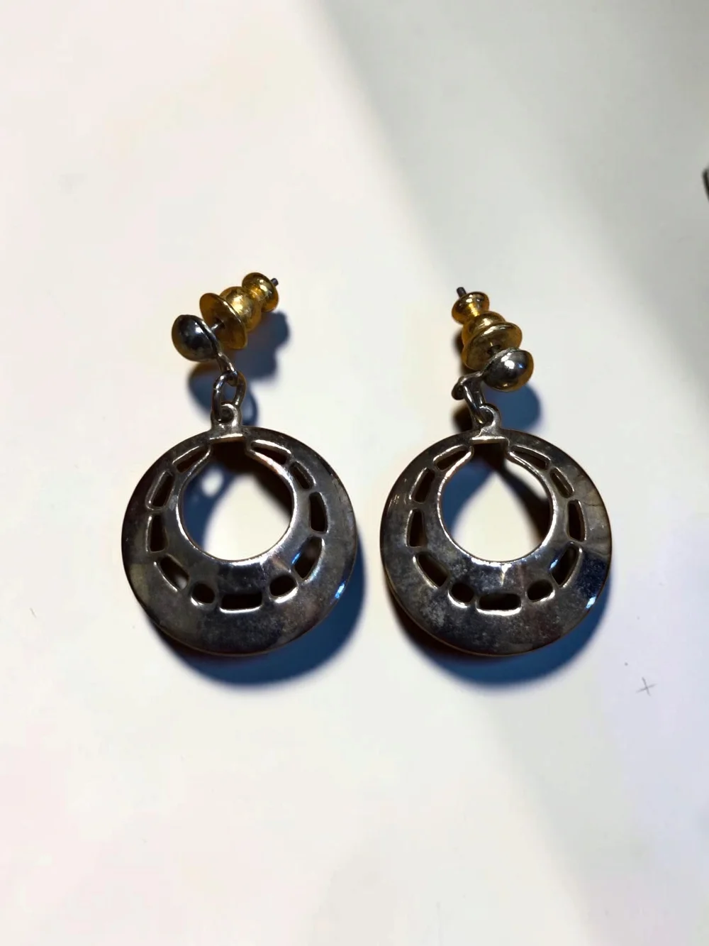Vintage Gold Tone Red Enamel & Silver Tone Hoop Earrings 2 Pair